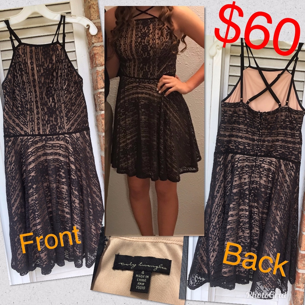 Tan Dress with Black Lace Overlay